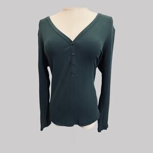 Old Navy Y2K Thermal Ribbed Henley Forest Green V Neck Size XL Shirt Top